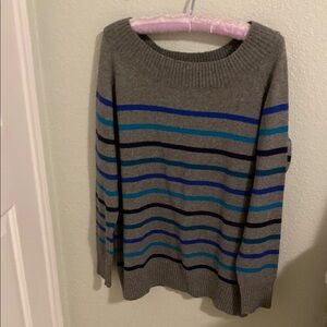 Striped Gray Sweater with Blue and Green Accents